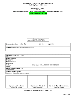 University of Delhi Post-Graduate Diploma Admission Ticket