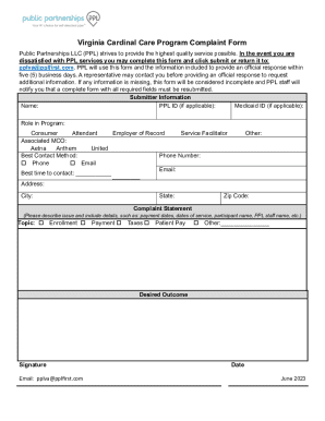 Virginia Cardinal Care Program Complaint Form