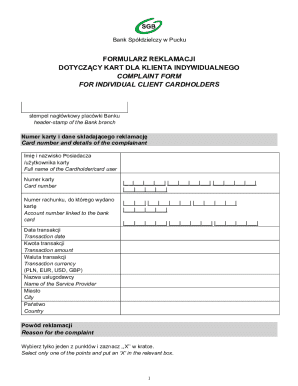 Bank Complaint Form for Individual Cardholders