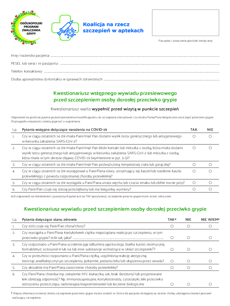 Flu Riiq Questionnaire Adult Flu Vaccination Screening Questionnaire - Blank Fillable Template ...