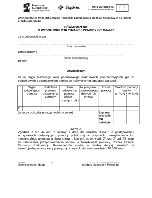 Oświadczenie o Wysokości Otrzymanej Pomocy De Minimis