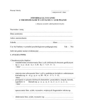 Student Reading and Writing Difficulties Information Form