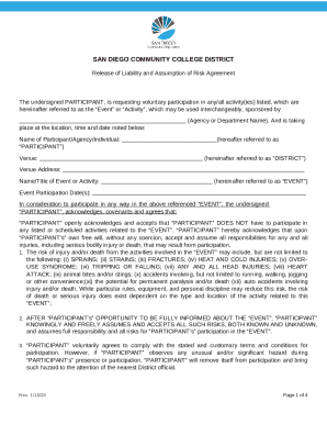 San Diego Community College District Release of Liability and Assumption of Risk Agreement