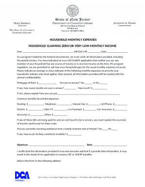 Household Monthly Expenses Form