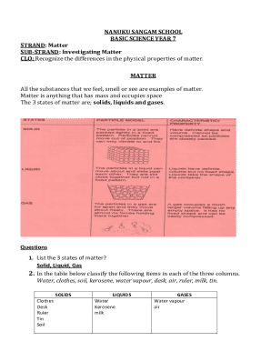 Year 7 Matter Science Worksheet