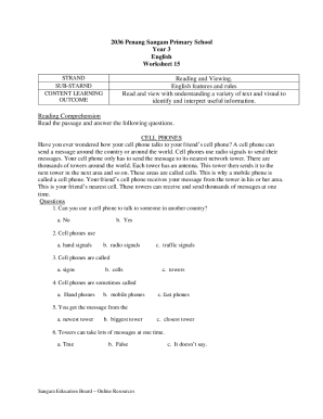 Year 3 English Reading Comprehension Worksheet