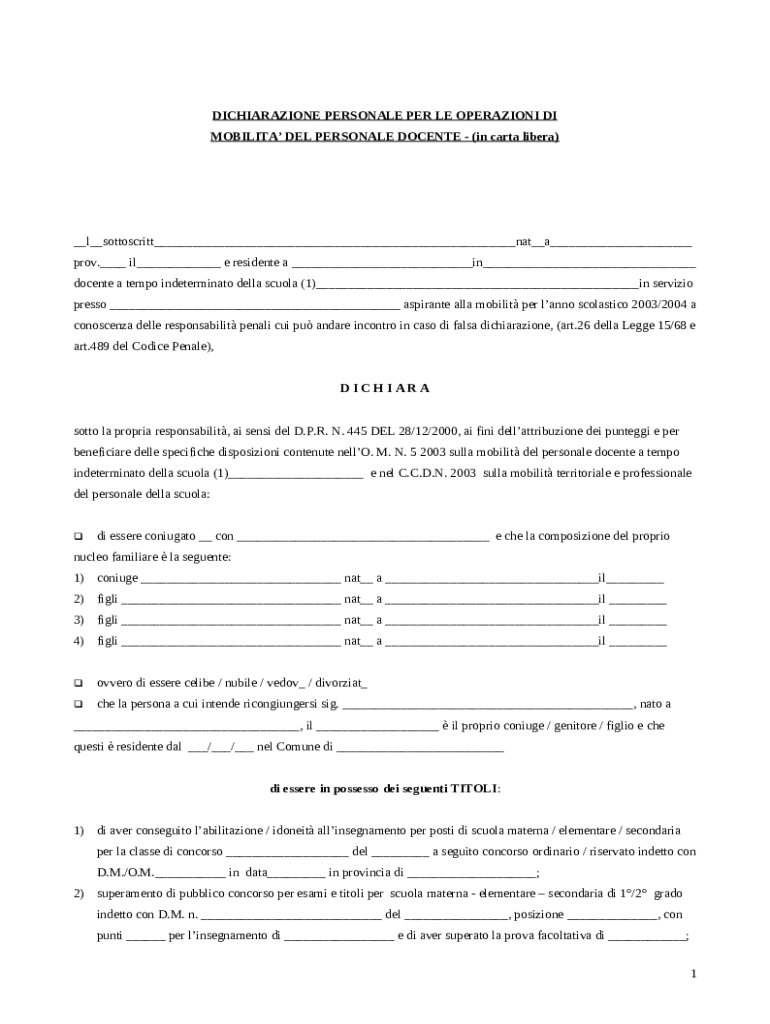 Mobility Declaration Form Personal Declaration for Teacher Mobility - Modello compilabile vuoto ...