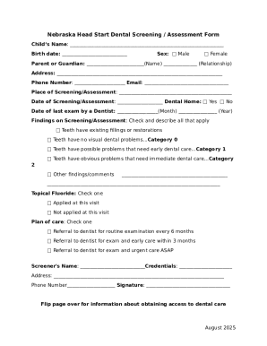 Nebraska Head Start Dental Screening Form