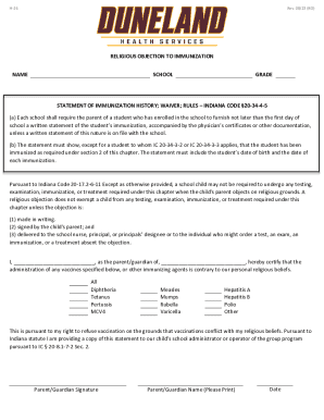 Religious Objection to Immunization Form