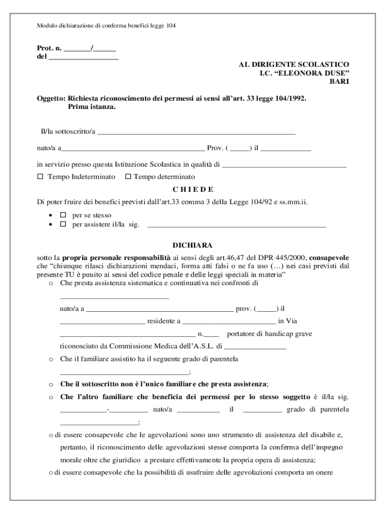 Compila Modulo Modulo Dichiarazione Benefici Legge 104 - Modello compilabile vuoto ...