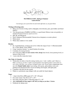 Materials List for Spring & Summer