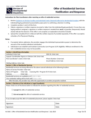 NJ DDD Offer of Residential Services Notification and Response