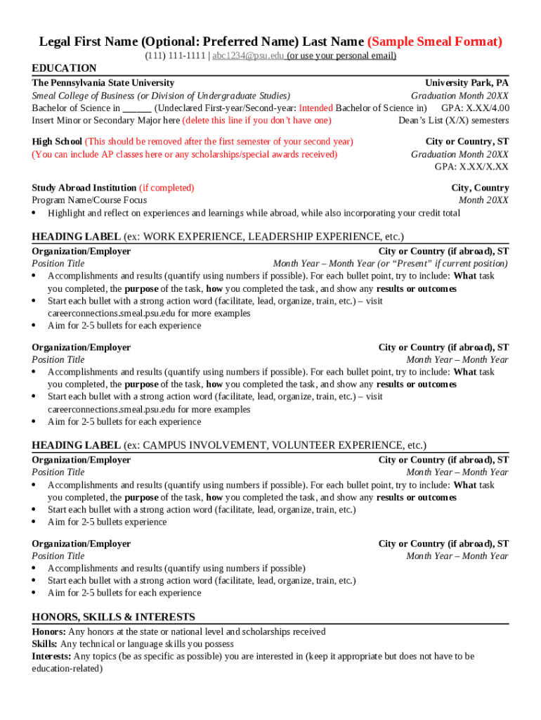 Penn State Smeal Resume Template Preview on Page 1