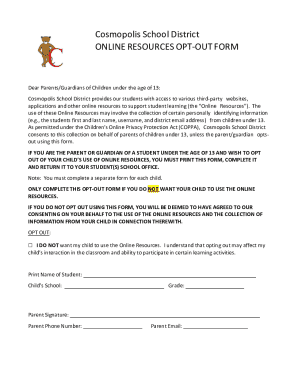 Cosmopolis School District Online Resources Opt-Out Form