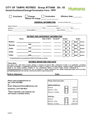 Tampa Retiree Dental Enrollment Form