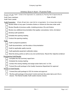 Internal Quality Audit Planning Form