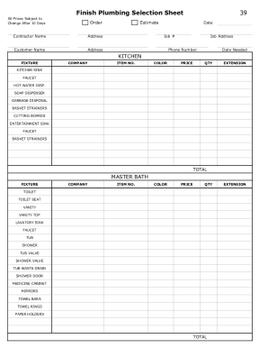 Plumbing Selection Sheet