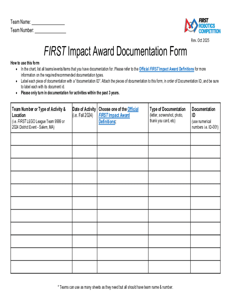 FIRST Impact Award Documentation Form - Blank Fillable Template | Fill ...