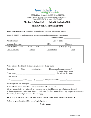 Allergy Serum Reorder Form