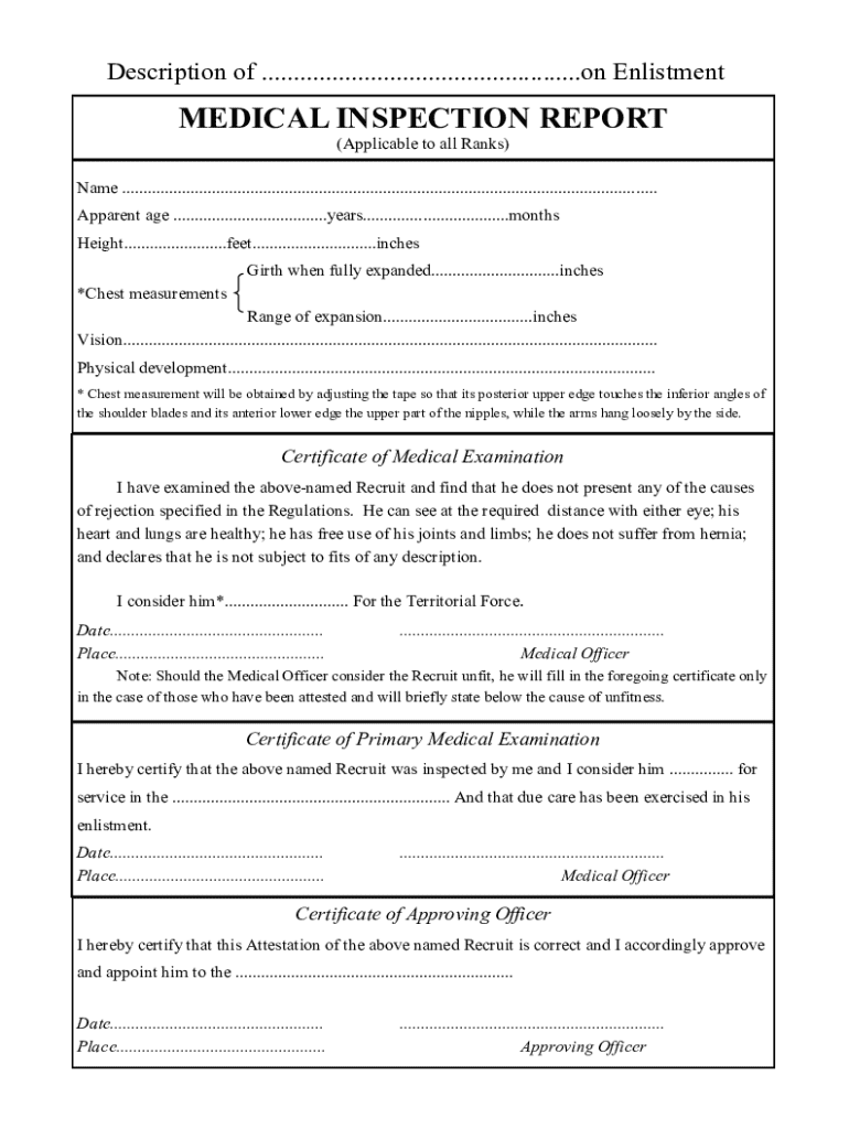 Military Inprocessing Checklist Medical Military Medical Inspection Report - Blank Fillable Template | Fill Out ...