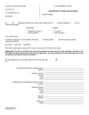 South Carolina Probate Notice to Heirs and Devisees