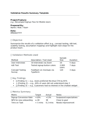 Validation Results Summary Template