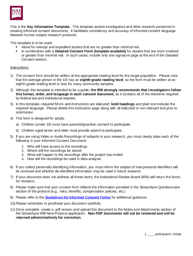 Key Information Template for Informed Consent - Blank Fillable Template ...