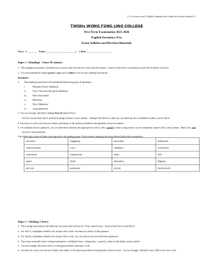 TWGHs WONG FUNG LING COLLEGE English Exam Syllabus