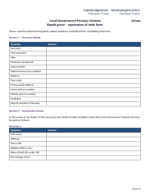 Local Government Pension Scheme Death Grant Expression of Wish Form