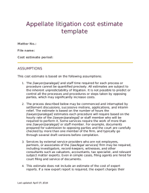 Appellate Litigation Cost Estimate Template