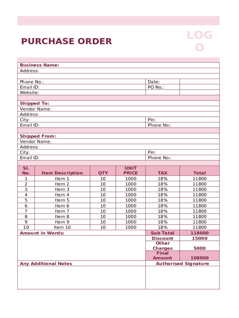 Purchase Order Log - Blank Fillable Template | Fill Out, Print ...