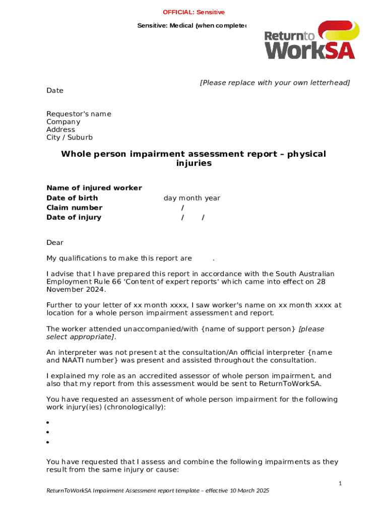 Whole Person Impairment Assessment Report - Blank Fillable Template ...