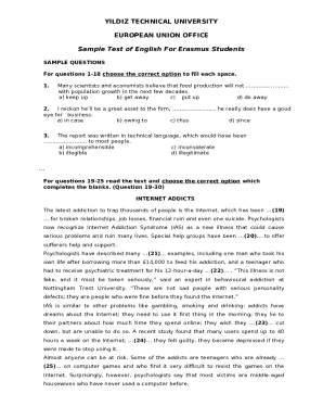 Sample Test of English for Erasmus Students