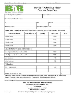 California Automotive Repair Purchase Order Form