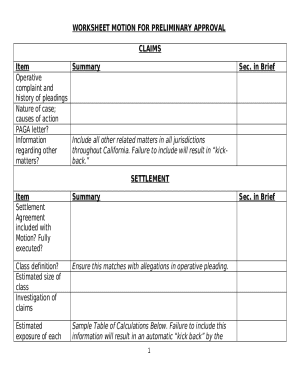 Worksheet Motion for Preliminary Approval