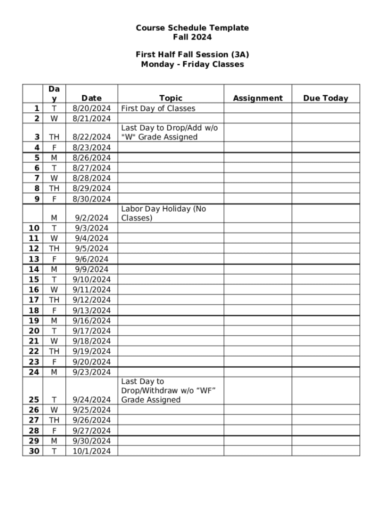 Course Schedule Template - Blank Fillable Template | Fill Out, Print ...