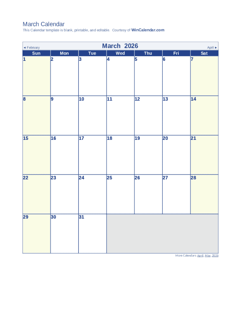 March Calendar Template Preview on Page 1