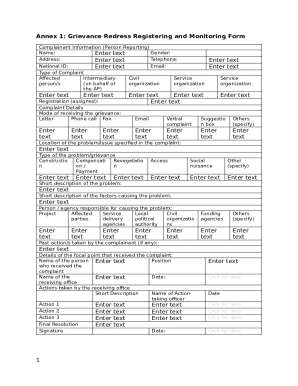 Grievance Redress Registering and Monitoring Form