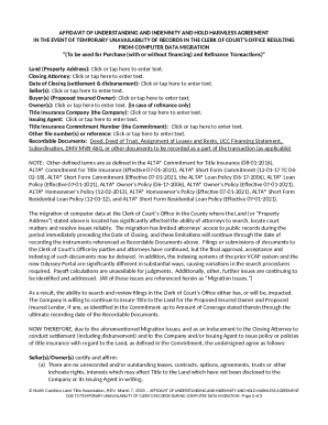 Affidavit of Understanding and Indemnity for Temporary Unavailability of Records