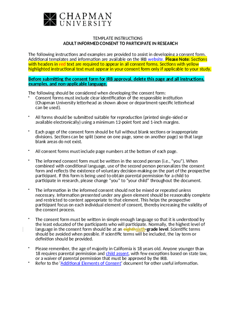 Adult Informed Consent Research Form - Blank Fillable Template | Fill ...