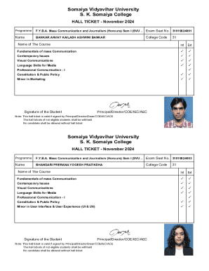 Hall Ticket for F.Y.B.A. Mass Communication and Journalism