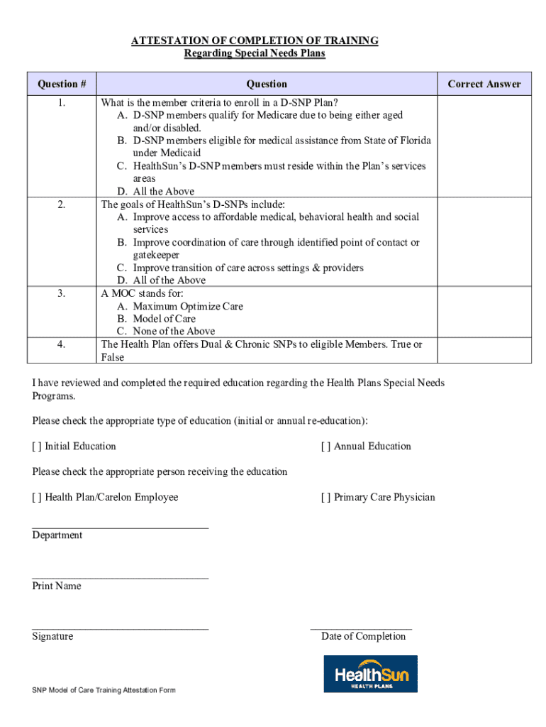 SNP Model of Care Training Attestation Form - Blank Fillable Template ...