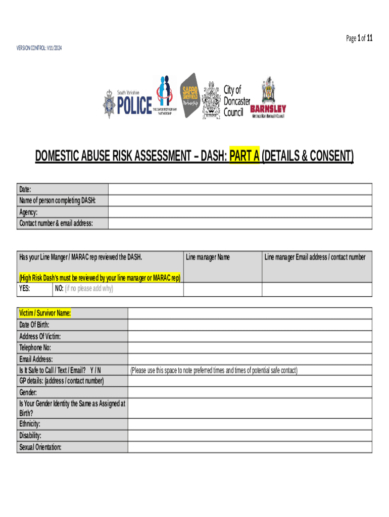Domestic Abuse Risk Assessment DASH Form - Blank Fillable Template ...