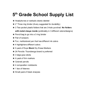 5th Grade School Supply List