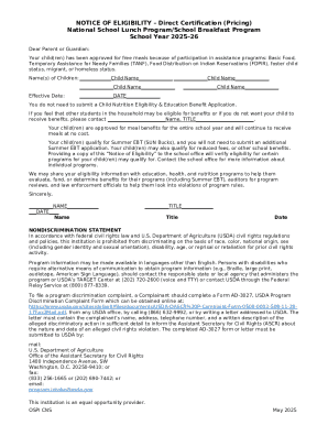 Notice of Eligibility - Direct Certification