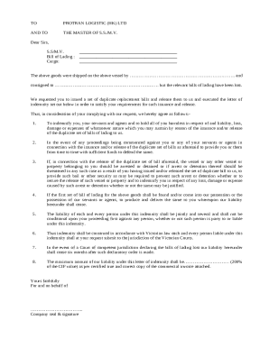 Letter of Indemnity for Lost Bill of Lading