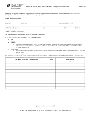 Federal Verification Worksheet – Independent Student 2025-26