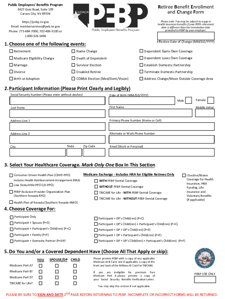 Retiree Benefit Enrollment and Change Form - Blank Fillable Template ...