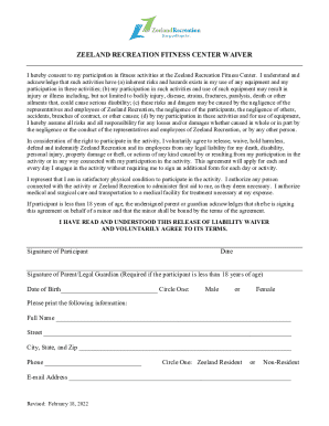 Zeeland Recreation Fitness Center Waiver