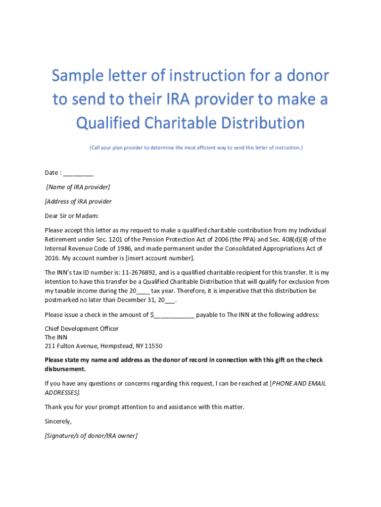 Letter of Instruction for IRA Qualified Charitable Distribution - Fill ...
